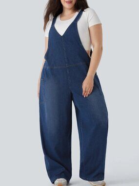 Halara Flex™ V Neck Washed Denim Casual Plus Size Overalls with Pockets | 3X